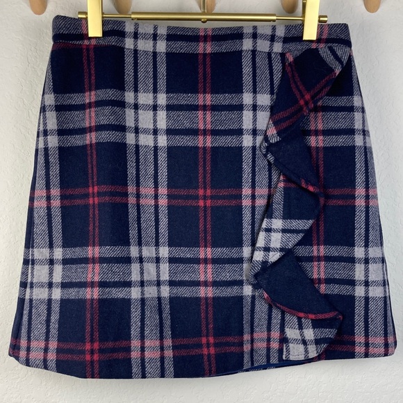 J. Crew Dresses & Skirts - J.Crew Mercantile Plaid Navy and Red Wool Blend Ruffled Mini Skirt Size 6 Lined
